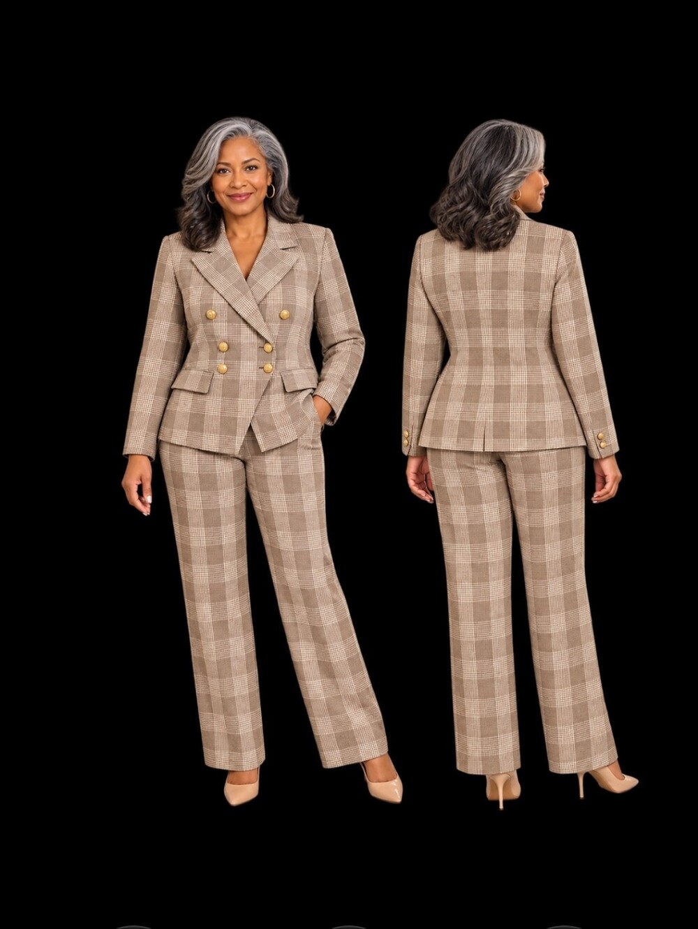 Vintage Textured Cappuccino Taupe Brown Plaid Double Breasted Womens Suit XL